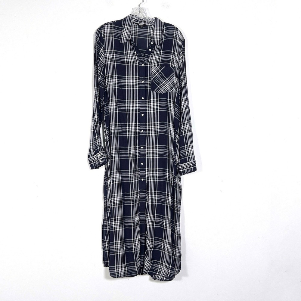 Express Plaid Midi Shirt Dress Womens Sz M Navy Blue Long Sleeve Button Up